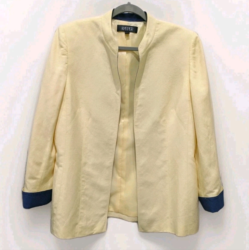 Womens Linen Blazer Butter Yellow Open Front Size 14 Spring Preppy Old Money